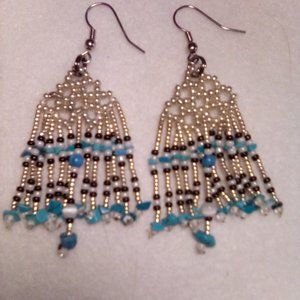 Hand Crafted  Silver n turquoise beaded earrings